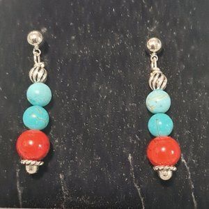 925 Post Earring Red Coral, 2 Kinds Turquoise w/ Solid Sterling Silver Beads